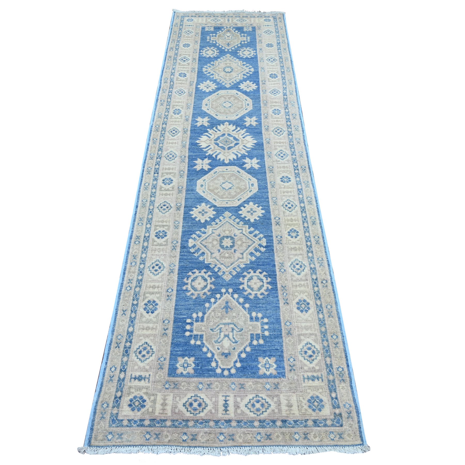 2'7"x9'7" Marlin Blue, Vintage Look Kazak with Geometric Medallions, Hand Knotted, 100% Wool, Natural Dyes, Runner, Oriental Rug 